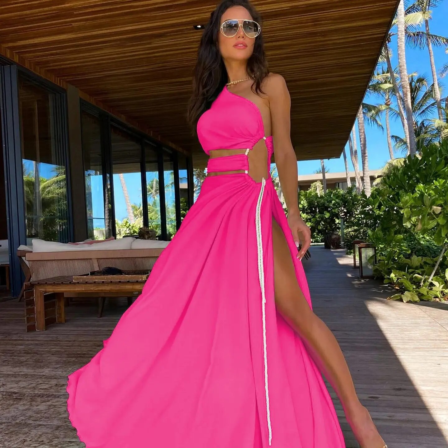 Maxct Fashion One Shoulder Green Long Dress Women Hollow Out Bodycon Summer Beach Dresses Side Split Wedding Party Vestidos Mujer