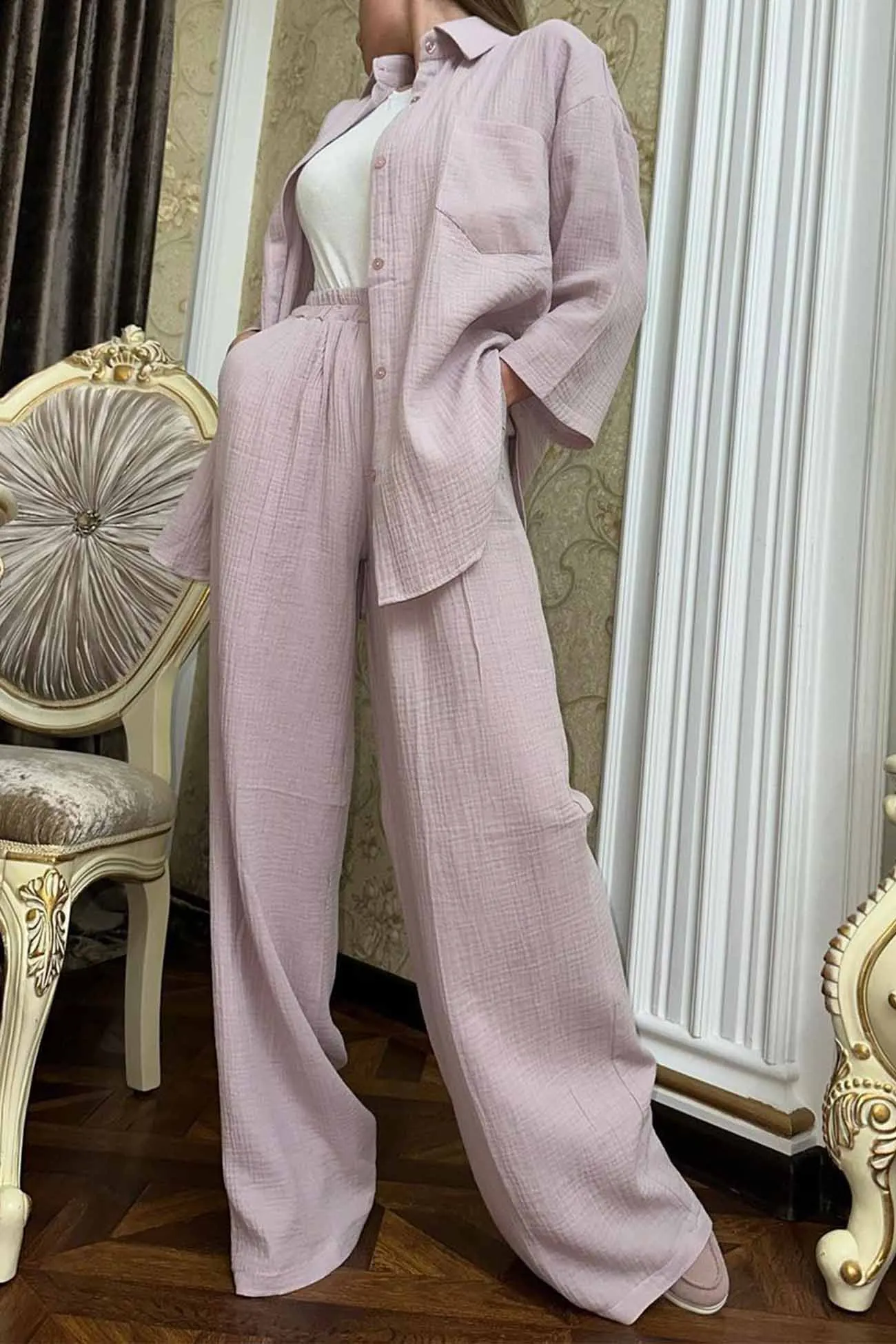 Maxct Button Belt Wide Leg Pants Two-piece Set