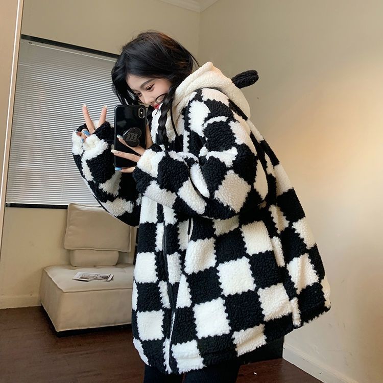 Checkered Cozy Bear Ears Zip-Up Hoodie for Women - true deals club