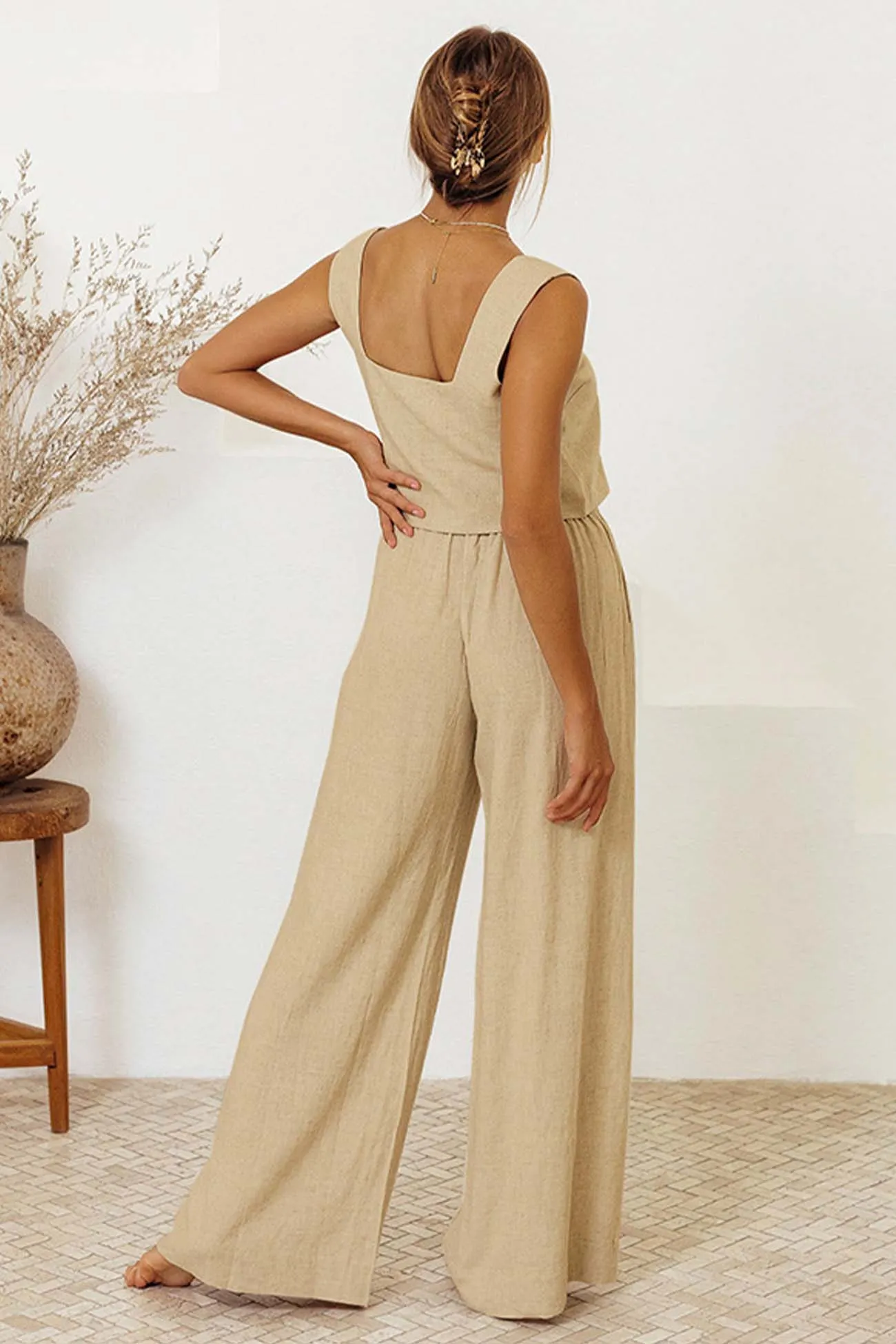 Maxct Cotton Waist-Tie Square Neck Pants Set