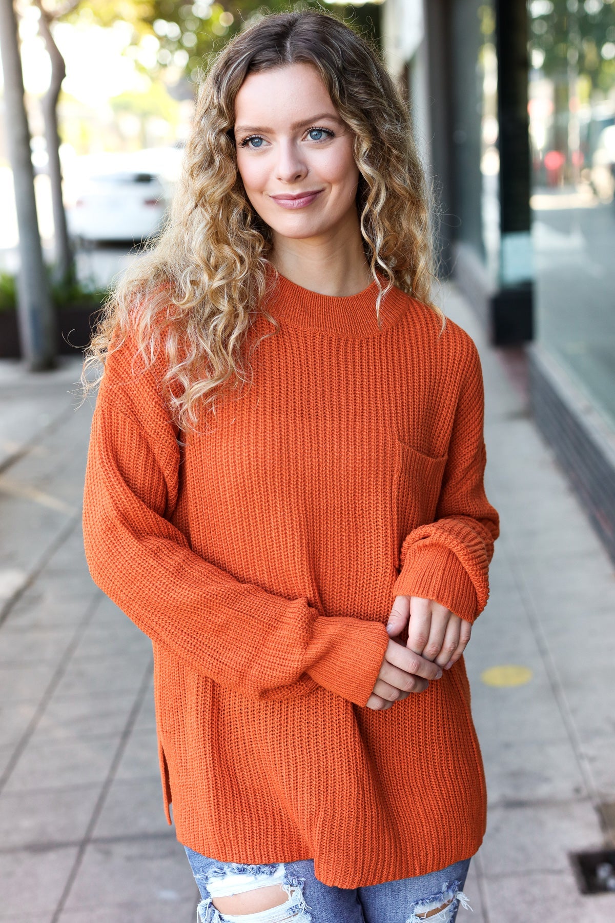 Maxct &Pumpkin Spice Mock Neck Chest Pocket Knit Sweater