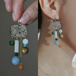 「Chinoiserie」Natural Sandalwood Asymmetric Silver Earrings