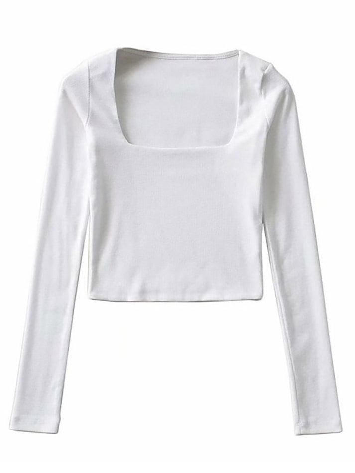 Maxct-Long-Sleeve Square Neck Plain Cropped T-Shirt