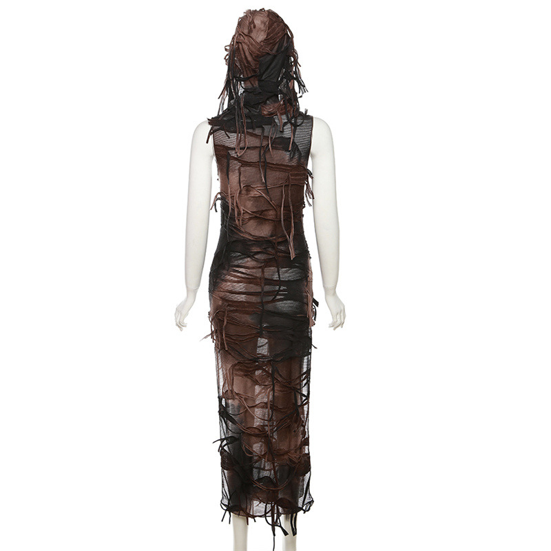 Grunge Dress y2k Tie Dye Print Sleeveless Side Split Hooded Dress Gothic Party Dresses Halloween Costume