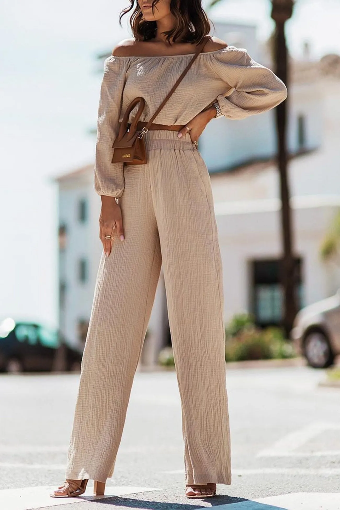 Maxct Off-shoulder Crop Top Wide Leg Long Pants Suits