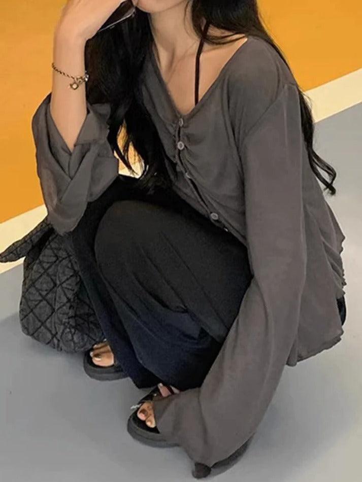 Maxct V Neck Split Flare Sleeve Long Sleeve Blouse