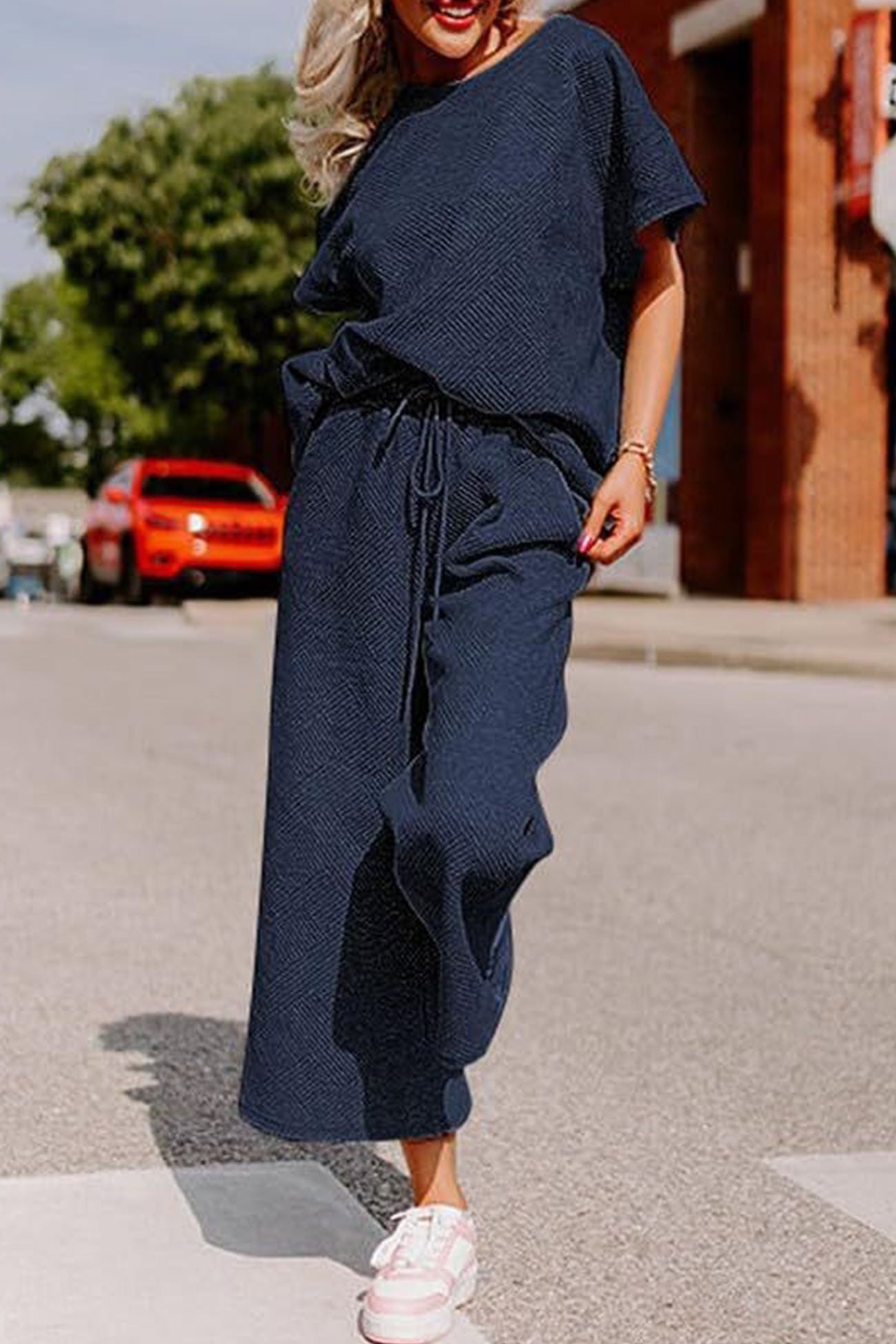 Maxct Solid Textured T-shirt Long Pants Set