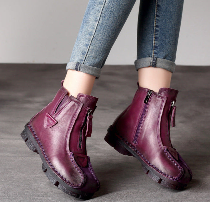 Maxct Trendy Ethnic Retro Handmade Leather Zipper Short Boots
