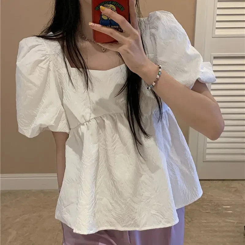 Maxct Blouses Women Square Collar Sweet Loose French Style Puff Sleeve Chic Ruffles Simple Ulzzang Solid Fashion Temper Student Summer