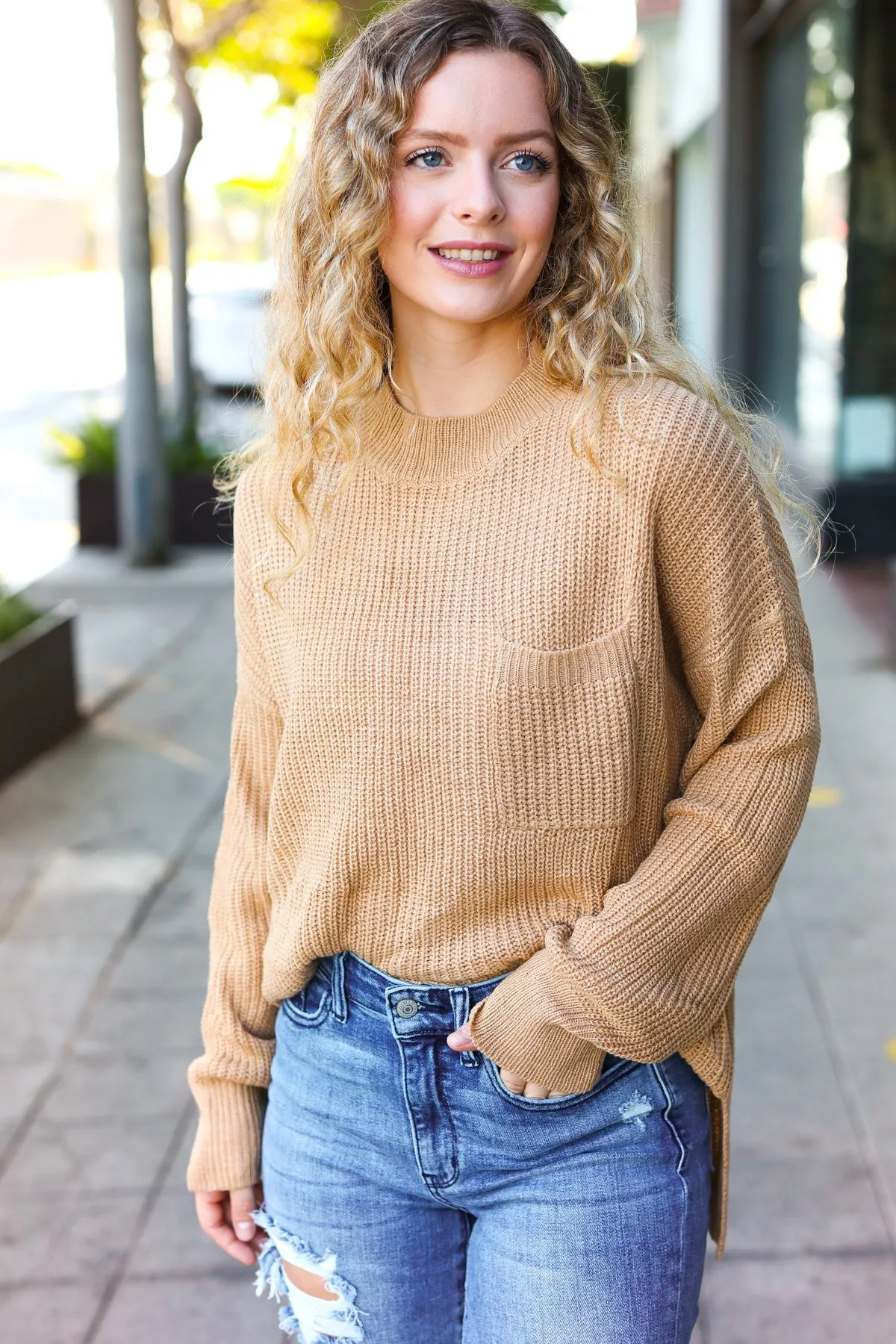 Maxct &Classy Chic Taupe Mock Neck Chest Pocket Knit Sweater