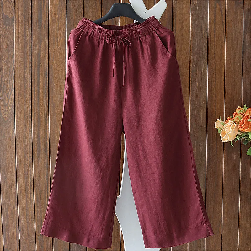 Maxct Women Spring Retro Solid Color Cotton Linen Pants