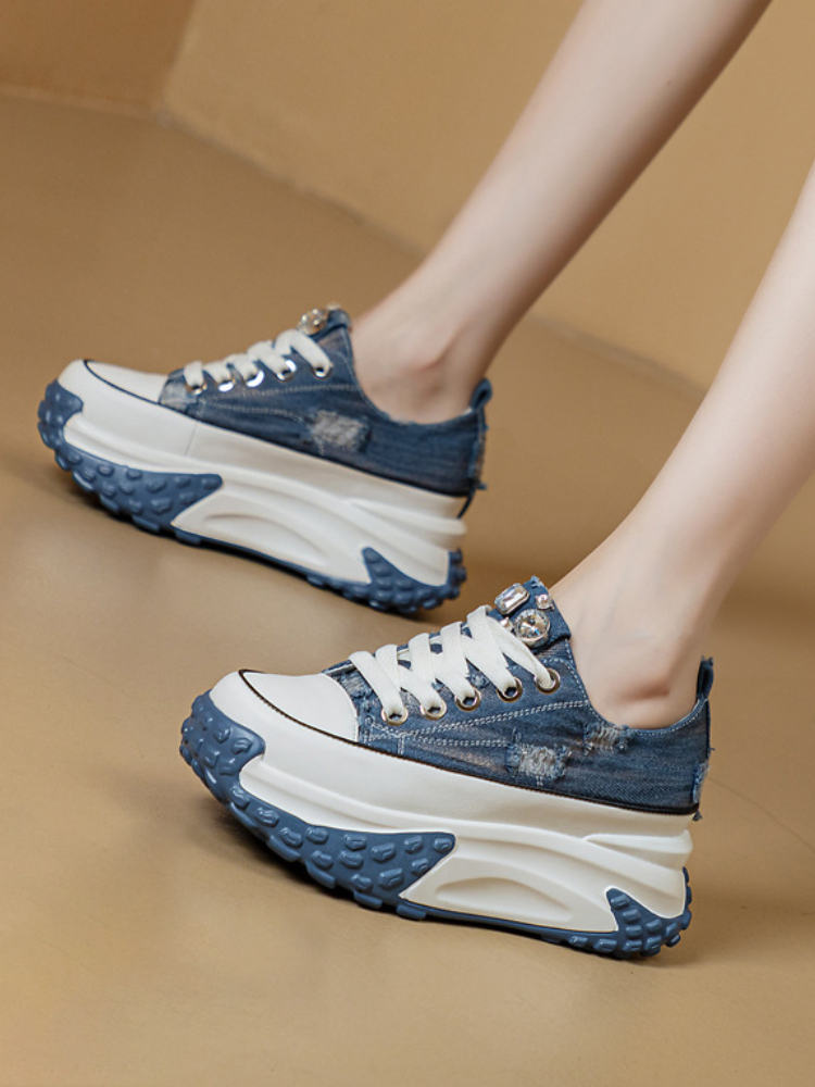 Blinged Out: 6cm Denim Leather Chunky Platform Sneakers - true deals club