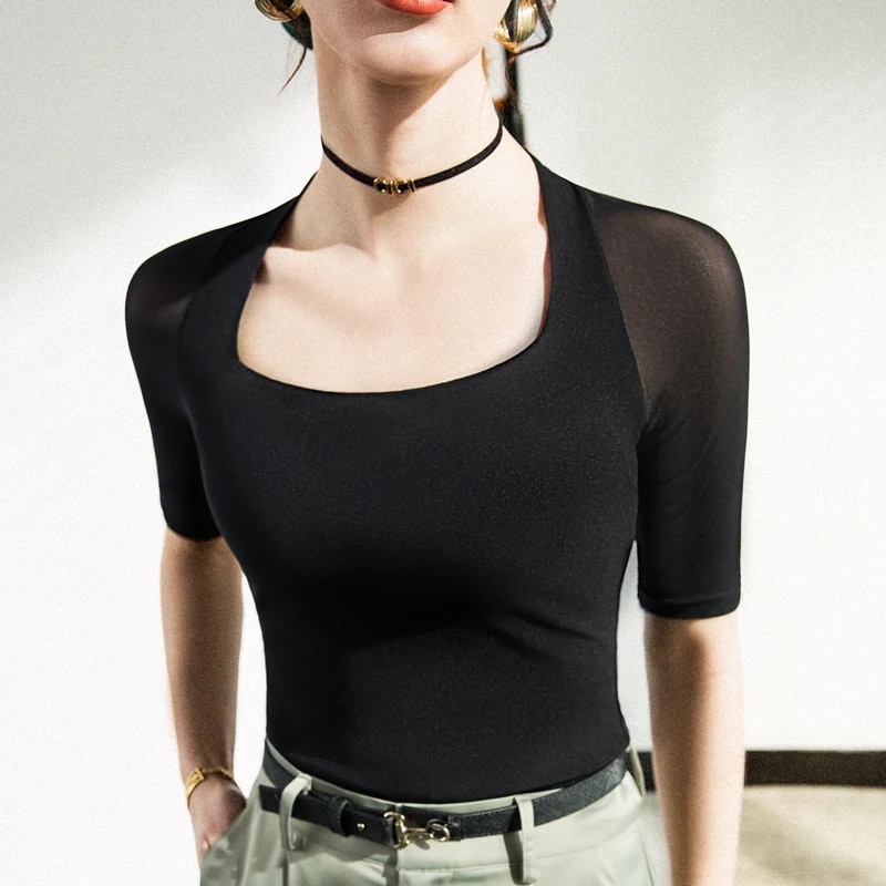 Maxct Summer Vintage Short Sleeve Tee Square Collar T-shirt Girls Solid Stretchy Black Mesh TShirts Tops For Women