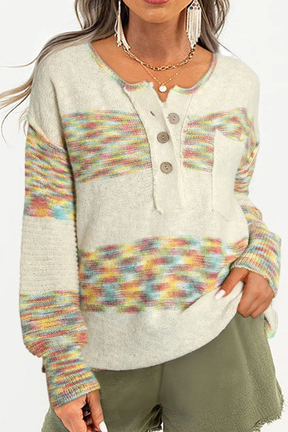 Maxct &Contrast Half Button Long Sleeve Sweater