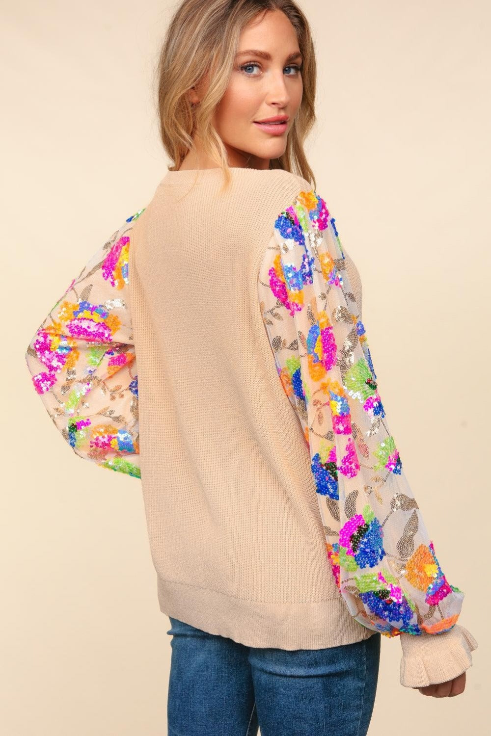 Maxct &Haptics Floral Sequins Mesh Flounce Sleeve Sweater
