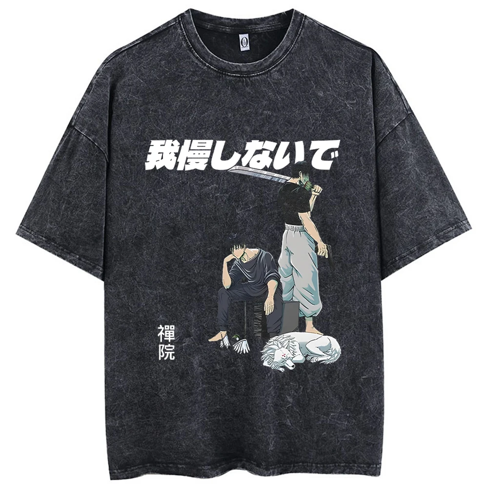 Maxct Men Streetwear Washed Acid Oversized T Shirt Japanese Anime Retro Worn Graphic Print T-Shirt Summer Cotton Short Sleeve Tees