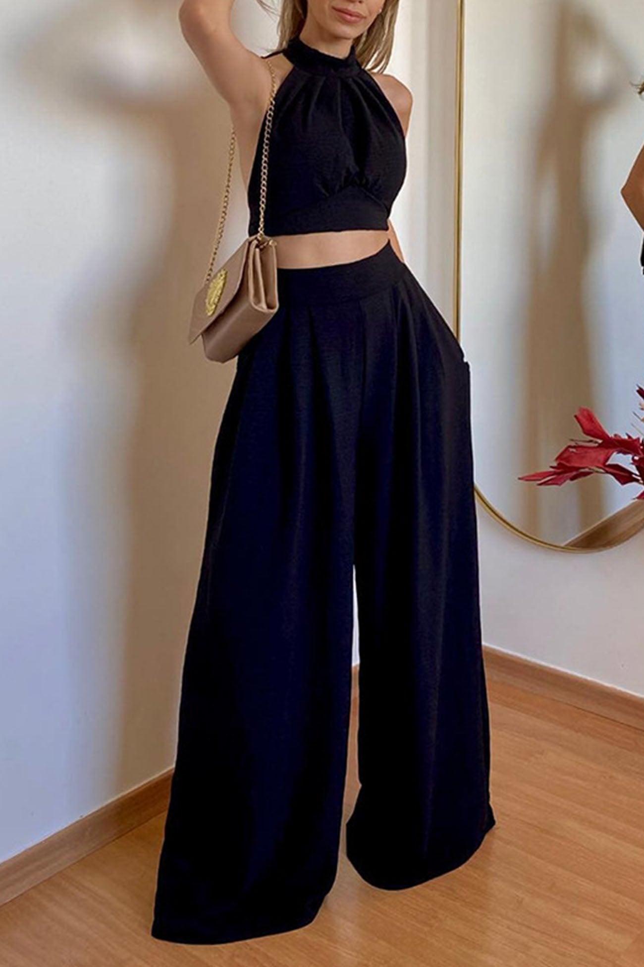 Maxct-Halterneck Backless Tie Crop Top Wide Leg Pants Set