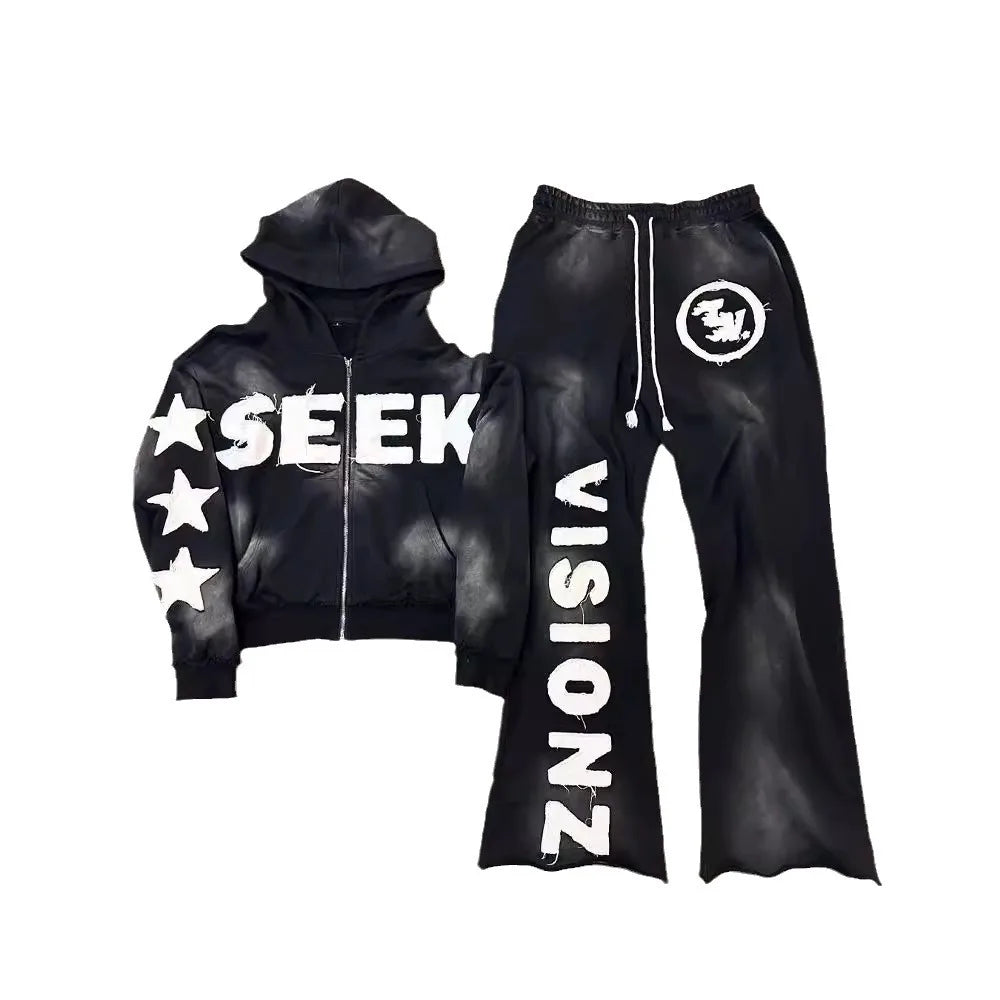 Maxct y2k long sleeved pullover hoodie pant set sweatshirt jacket personalized printed pattern streetwear school outfit hip-hop punk