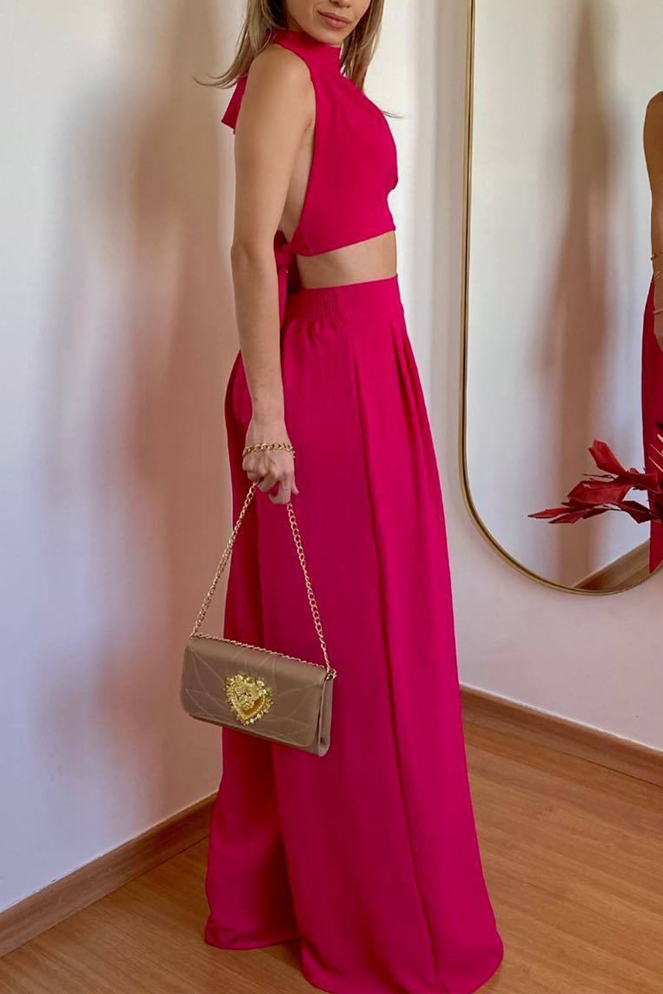 Maxct-Halterneck Backless Tie Crop Top Wide Leg Pants Set