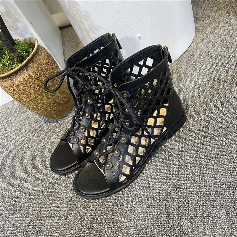 Strappy Sandals Boots Open Toe Back Zipper Flat Gladiator Sandals Maxct