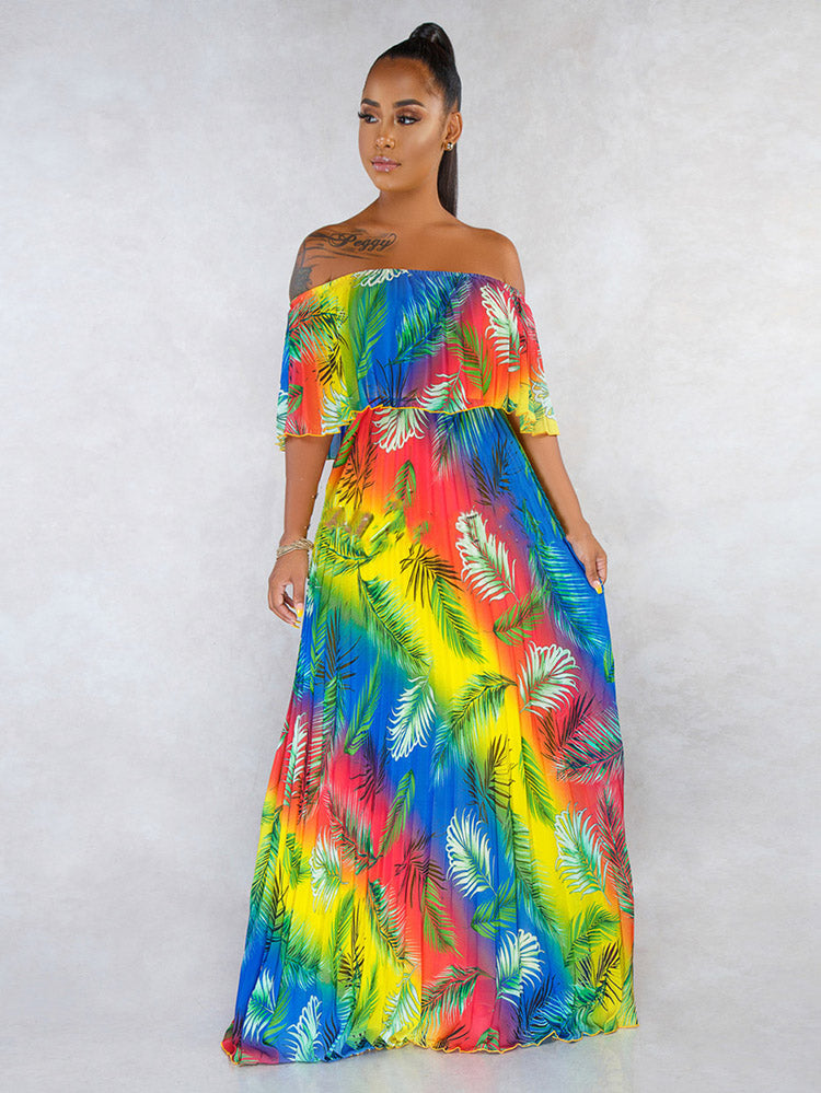 Off Shoulder Colorful Ombre Pleated Maxi Dress Maxct