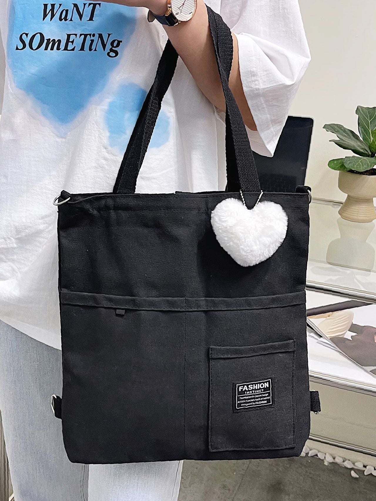 Maxct - Letter Graphic Shopper Bag with Bag Charm  - Women Tote Bags