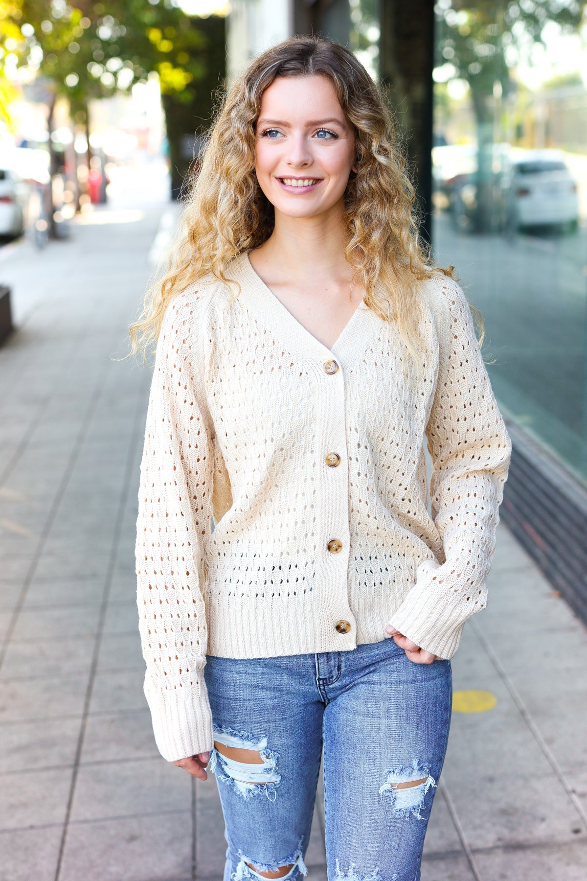 Maxct &Follow Me Oatmeal Pointelle Knit Button Down Cardigan