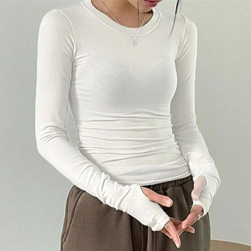 Maxct Chic Fashion Elegant Slim Fit Crop Tops Women Clothes Casual Solid Color Basic Tees Autumn Spring O Neck Long Sleeve T-shirt