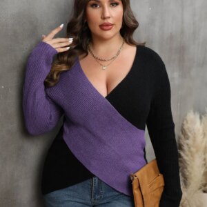 Maxct &Plus Size Two-Tone Surplice Neck Sweater
