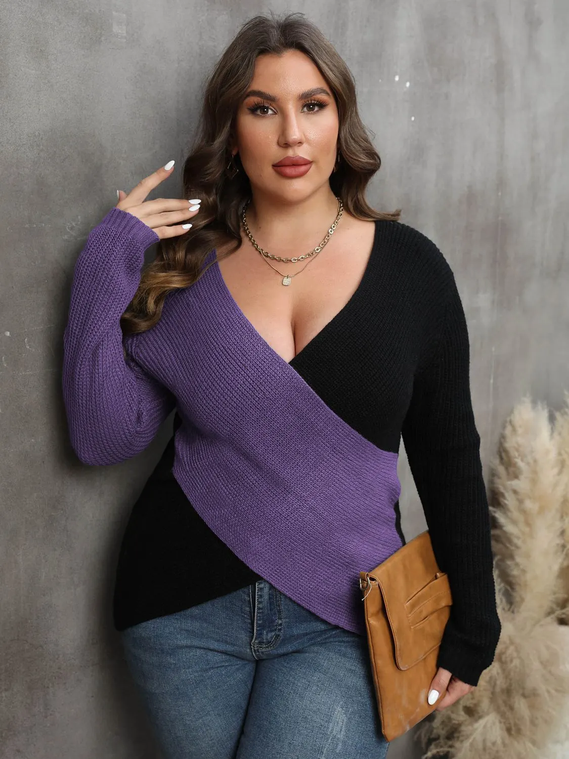 Maxct &Plus Size Two-Tone Surplice Neck Sweater