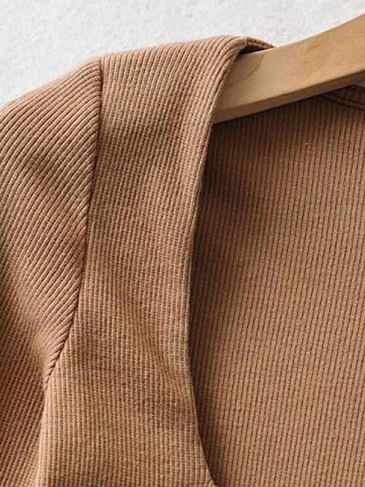 Maxct-Long-Sleeve Square Neck Plain Cropped T-Shirt