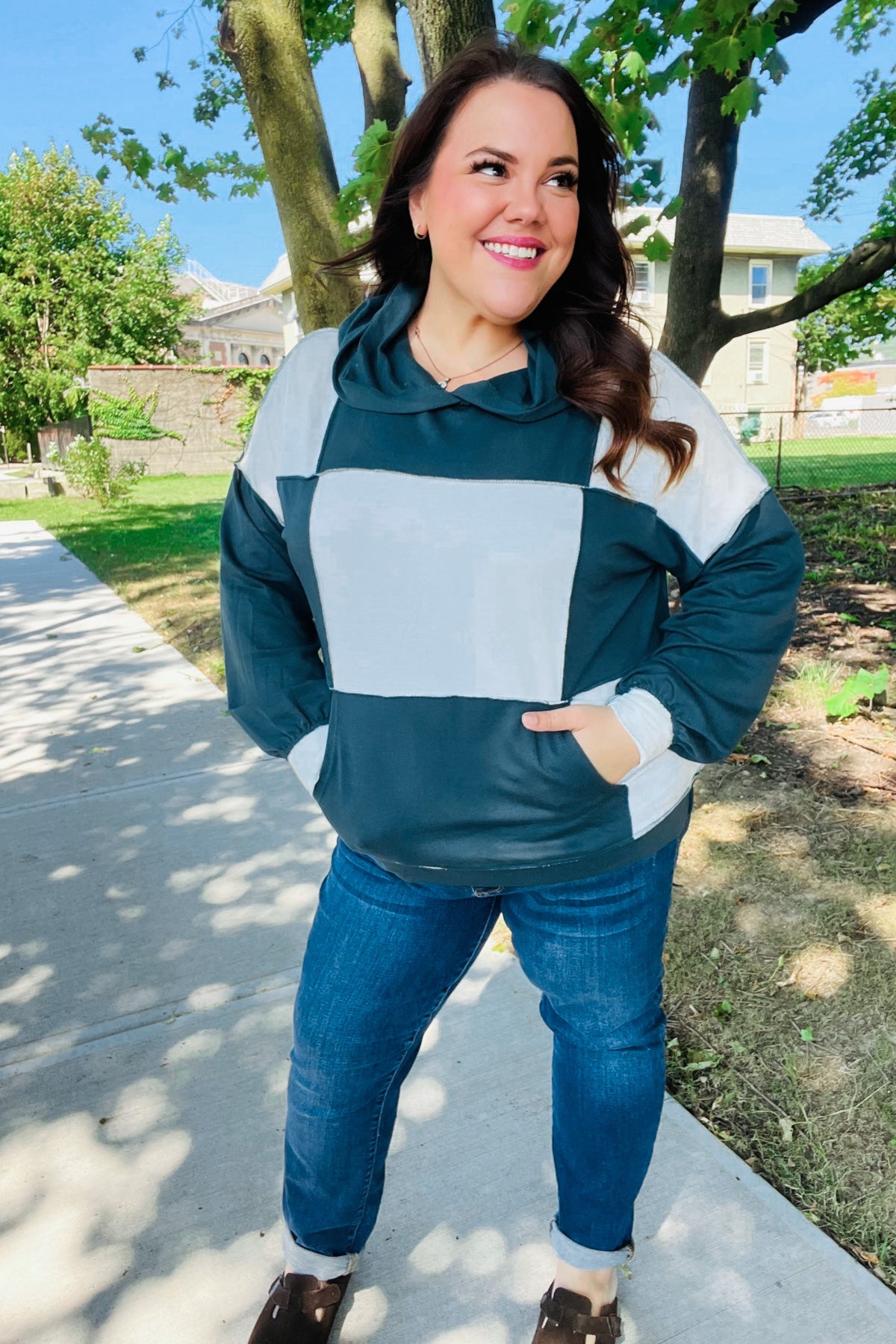 Maxct &Adorable In Hunter Green Color Block Check Print Terry Hoodie