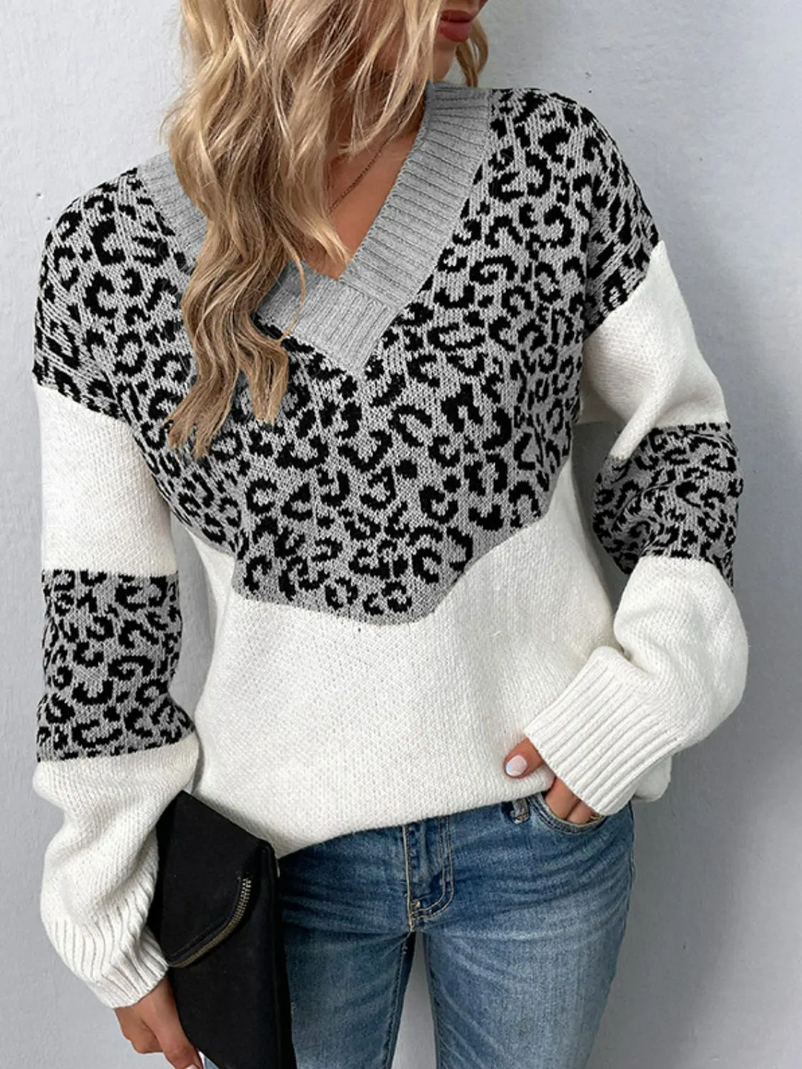 Maxct &Leopard V-Neck Dropped Shoulder Sweater