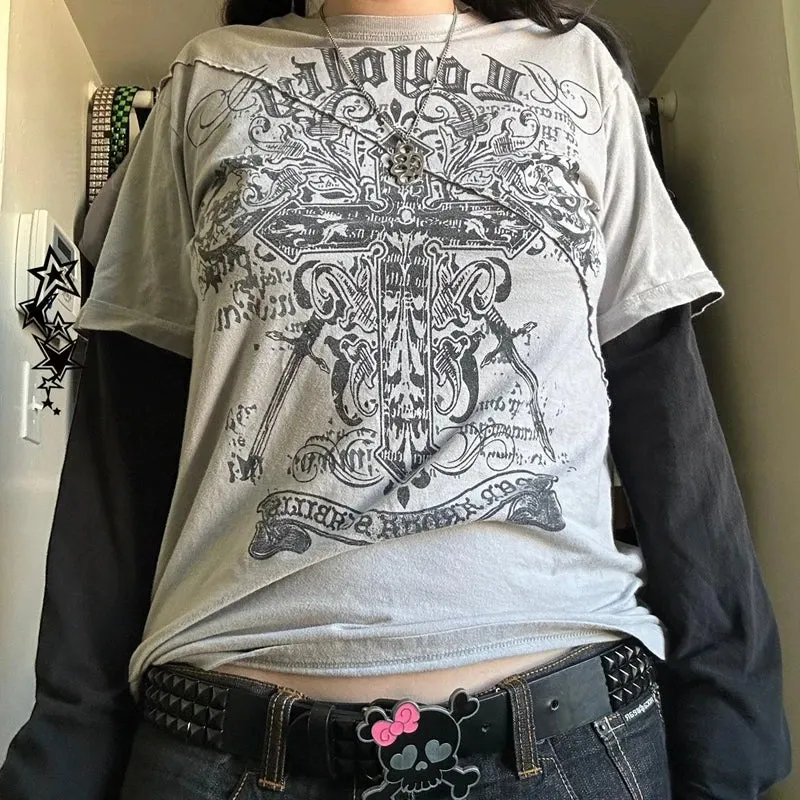 Maxct Cross Print T-shirt Women Y2K Cyber Grunge 00s Retro Harajuku Patchwork Long Sleeve Tee Gothic Mall Goth Sweats Tops