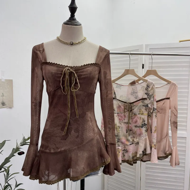 Maxct Spring and Summer New French Square Collar Lace-up Blooming Flared Long-Sleeved Top Lace Edge Design T-shirt 9980