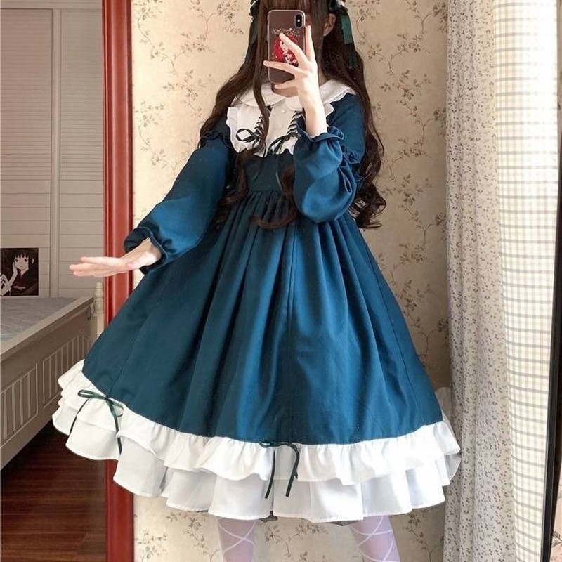 Maxct Japanese Kawaii Sweet Lolita Dresses Peter Pan Collar Ruffles Vestido Mujer Bowknot Patchwork Princess Party Femme Robe