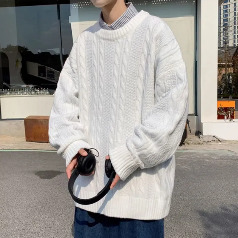Maxct Pullover sweater men autumn winter pure color simple retro crewneck sweater lazy wind twist thread coat