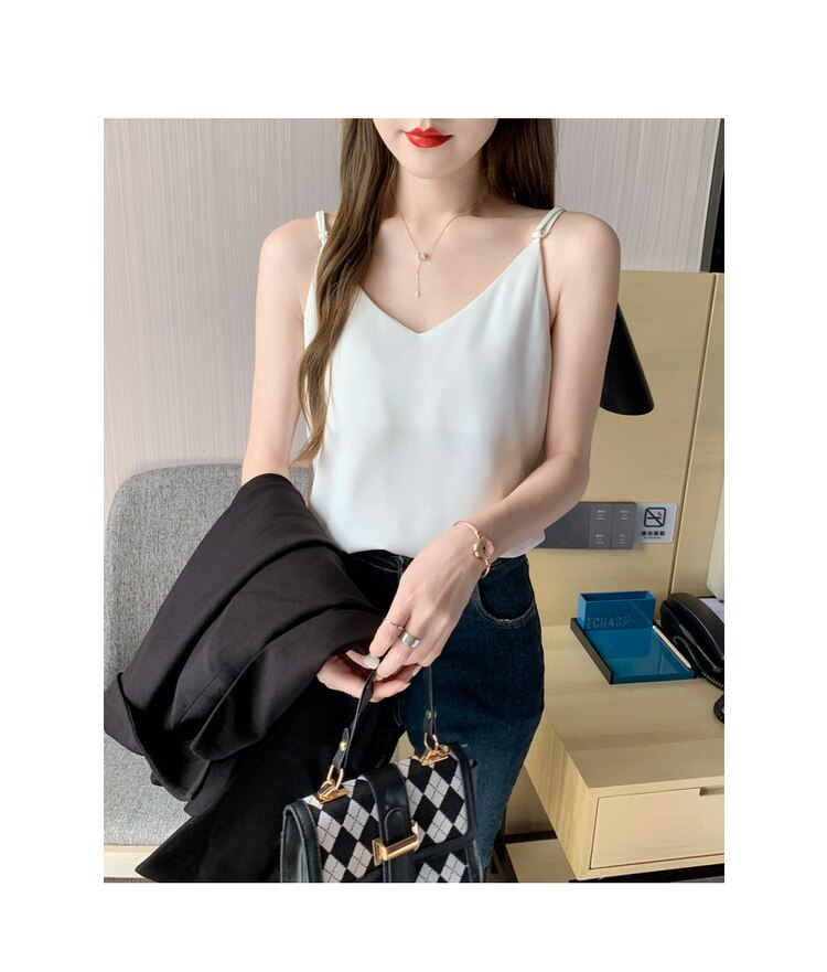 Maxct Chiffon Camisole Female V Neck Plain Loose Camis Tops With Adjustable Straps