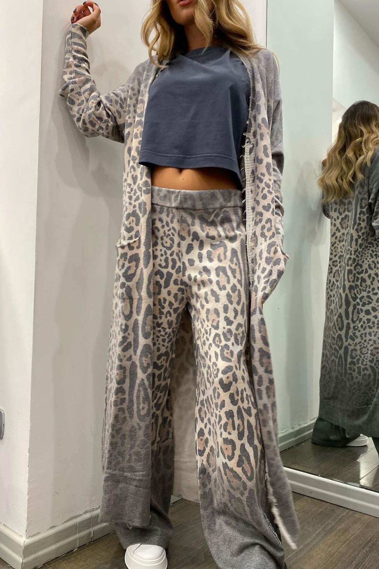 Maxct Leopard Print Long Cardigan Two-piece Pants Suits