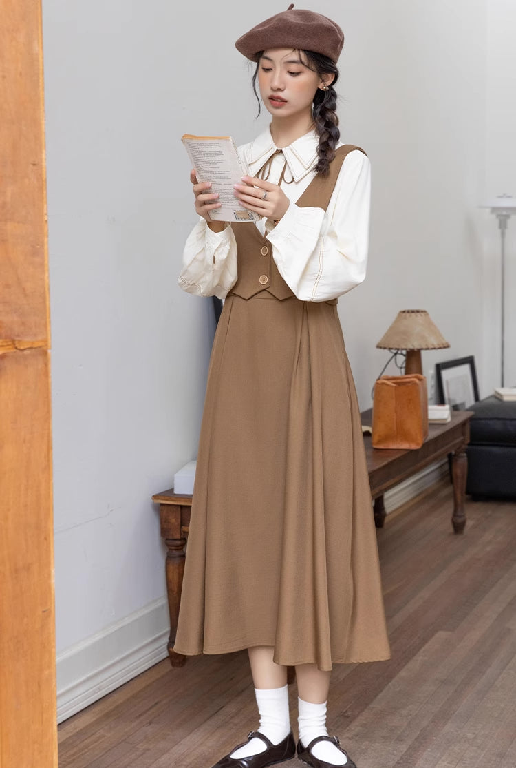 Basic Woven Vest Pinafore Dress / Blouse Maxct
