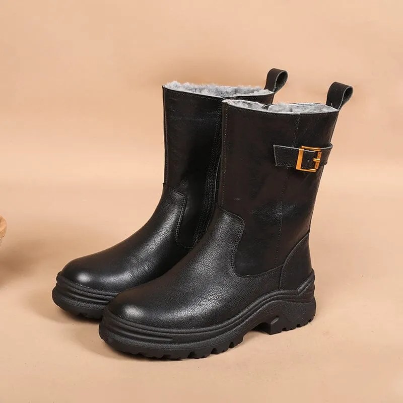 Womens Retro Mid Calf Boots Shearling Lined for Cold Winter Snow Boots Maxct