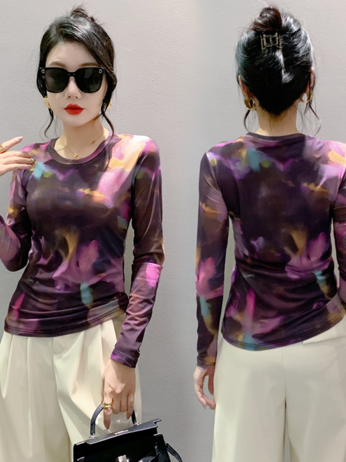 Maxct S-3XL New Vague Printing Mesh T-shirt Women's Round Neck Long Sleeve High Stretch Light Fabric Tees Tops - Image 11