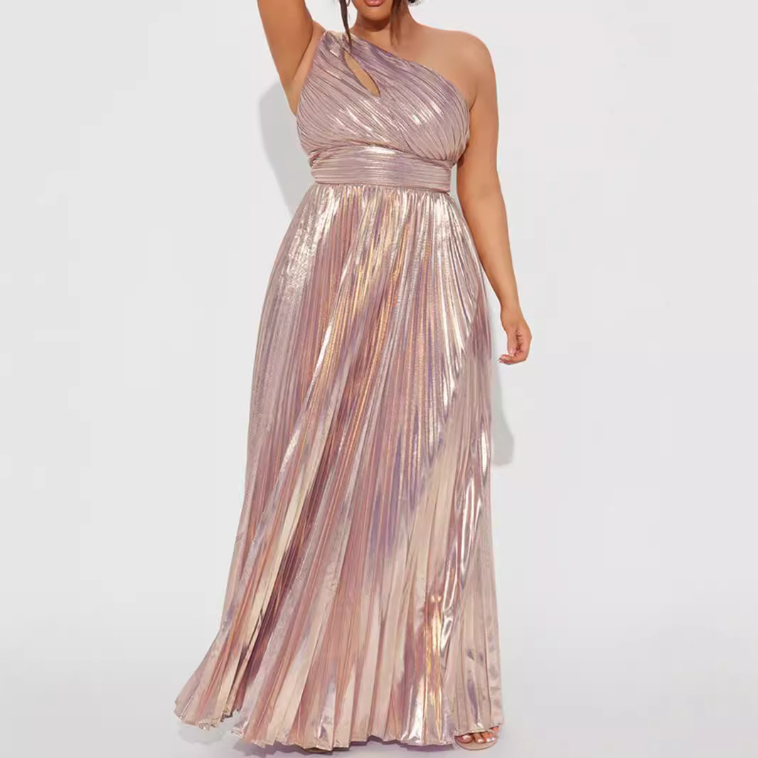 Maxct Fall 2024 New Women's One Shoulder High Waist Side Zipper Pleated Large Swing Skirt Party Dress - Image 4