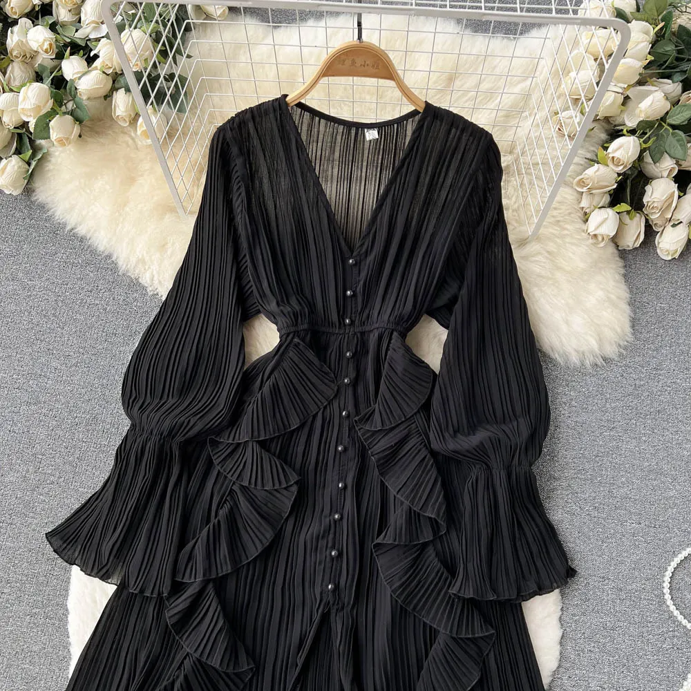 Chiffon Pleated Long Dress Women Vintage V-Neck Flare Sleeve Draped Ruffle Vestido Female Maxi Robe Spring Fall 1215-1