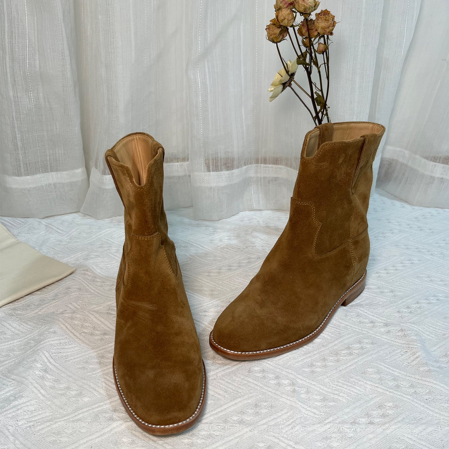 Womens Suede Mid Calf Western Cowboy Boots Maxct