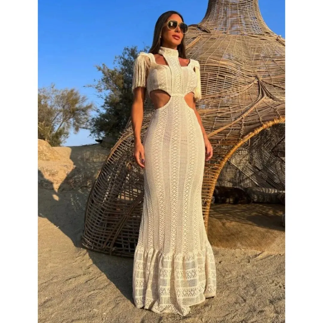 Maxct White Lace Women Dress Turtleneck Tassel Sleeve Slim Naked Waist Hollow Out Long Dress Summer Beach Female Knit Robe