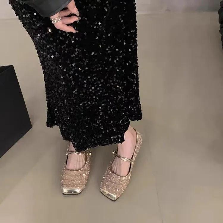 Sequined Square Toe Mary Jane Flats Maxct