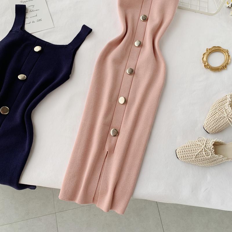 Summer Pink/Red/White/Black Women Knitted Dress Vintage High Waist Button Single-breasted Slim Casual Dress For Female New