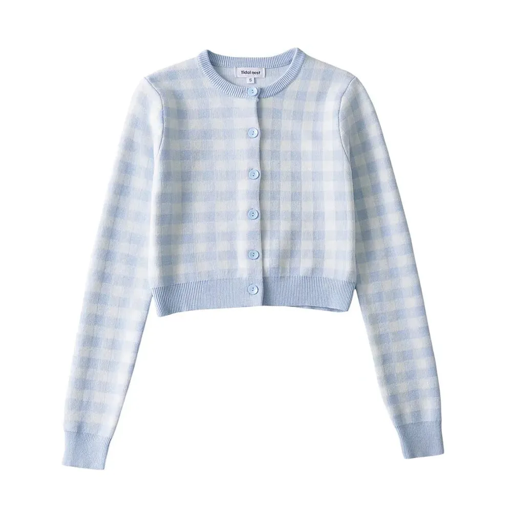 Maxct Checkered Button Front Knit Crop Cardigan
