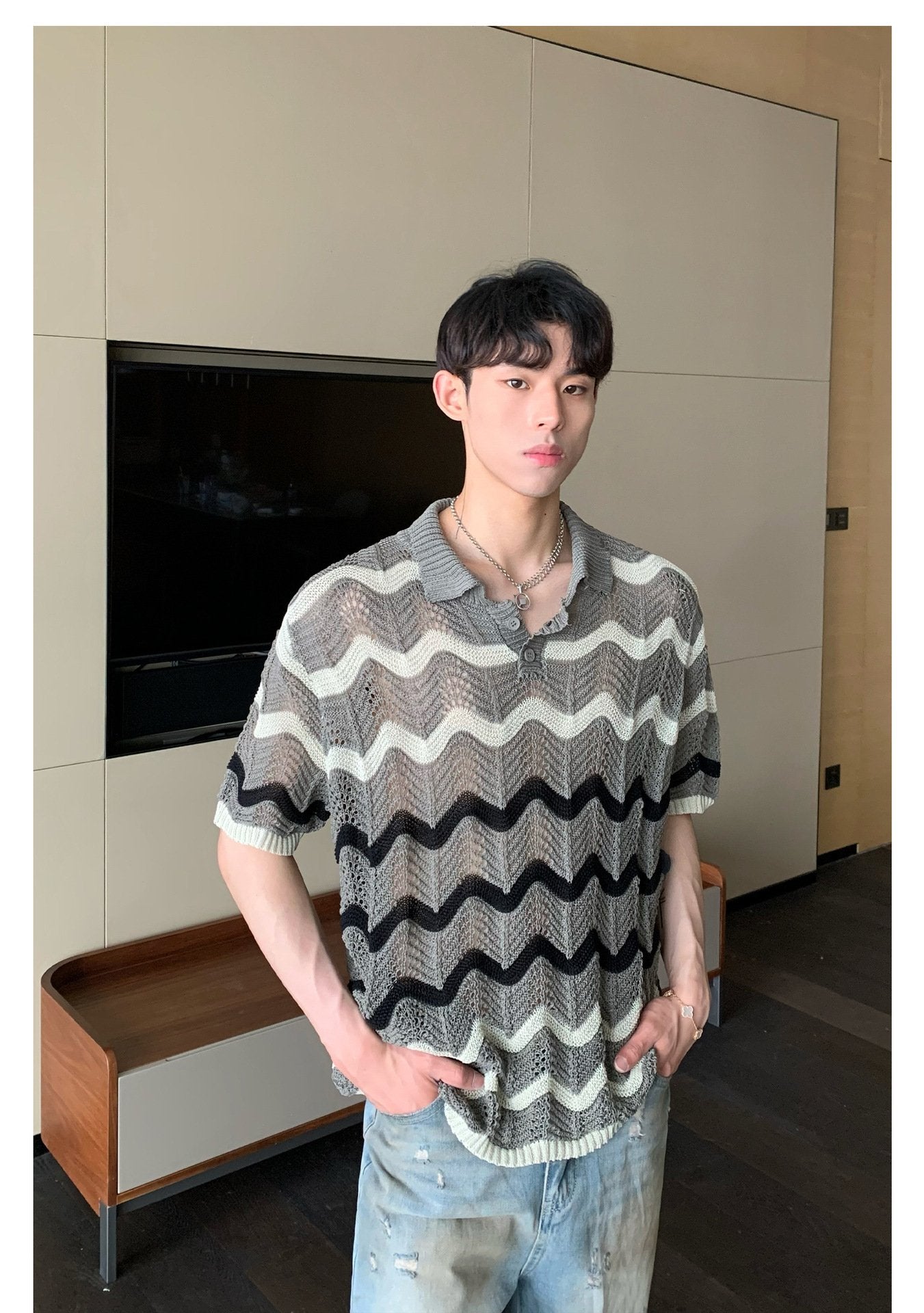Maxct 90s Streetwear Korean Style Summer High-end Sense Hollow Color Stripe Lap Short-sleeved Niche Design POLO Shirt T-shirt Casual Top